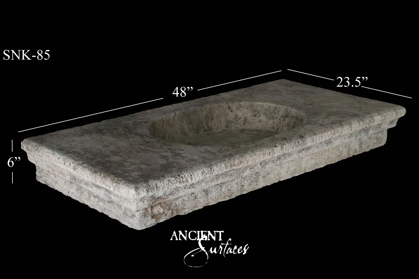 Weathered grey limestone countertop sink from Ancient Surfaces with an integral oval basin and a stepped moulded edge