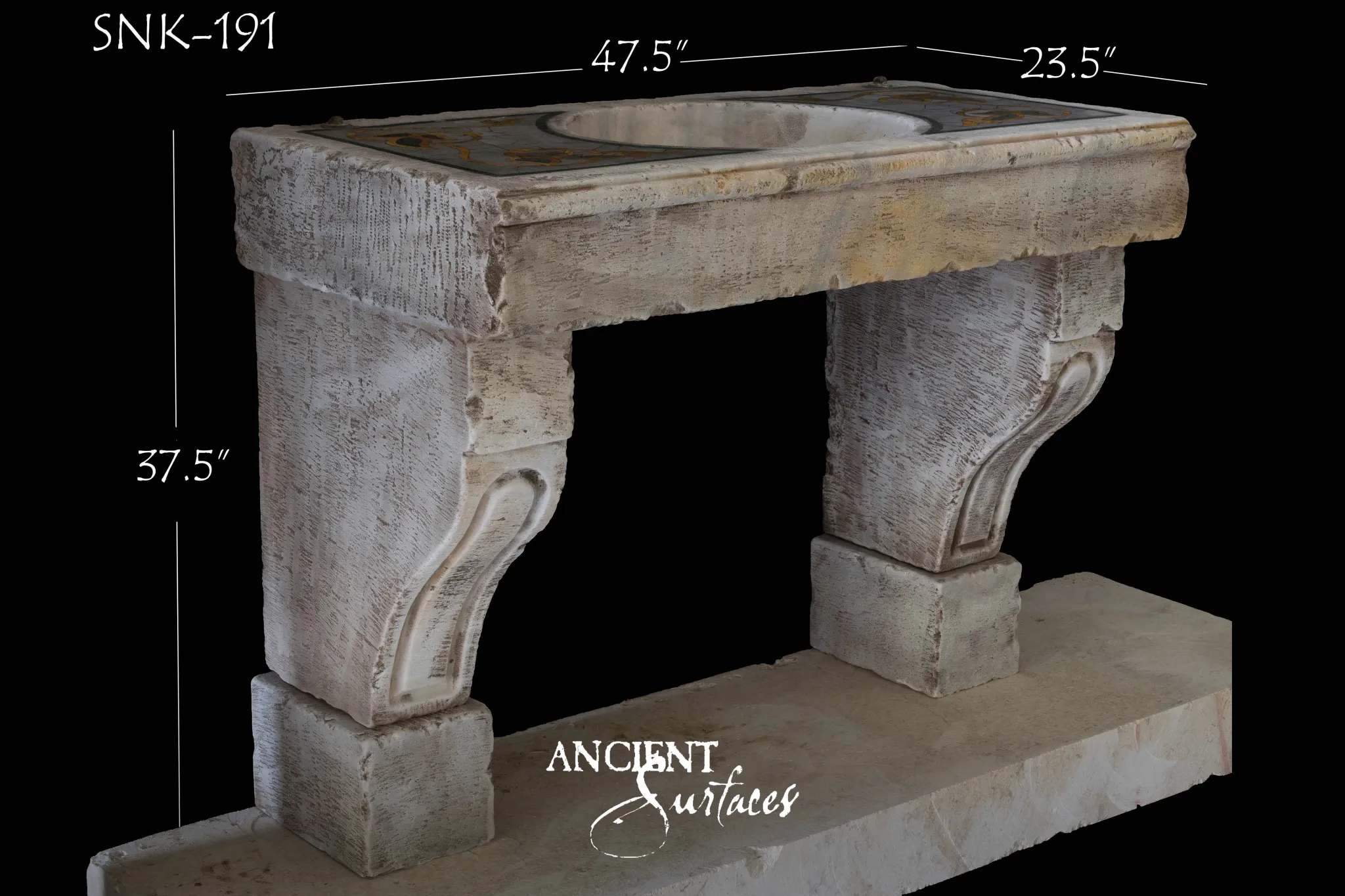 Whitewashed antique limestone sink from Ancient Surfaces with amber and green mosaic inlay panels and scrolled corbel legs