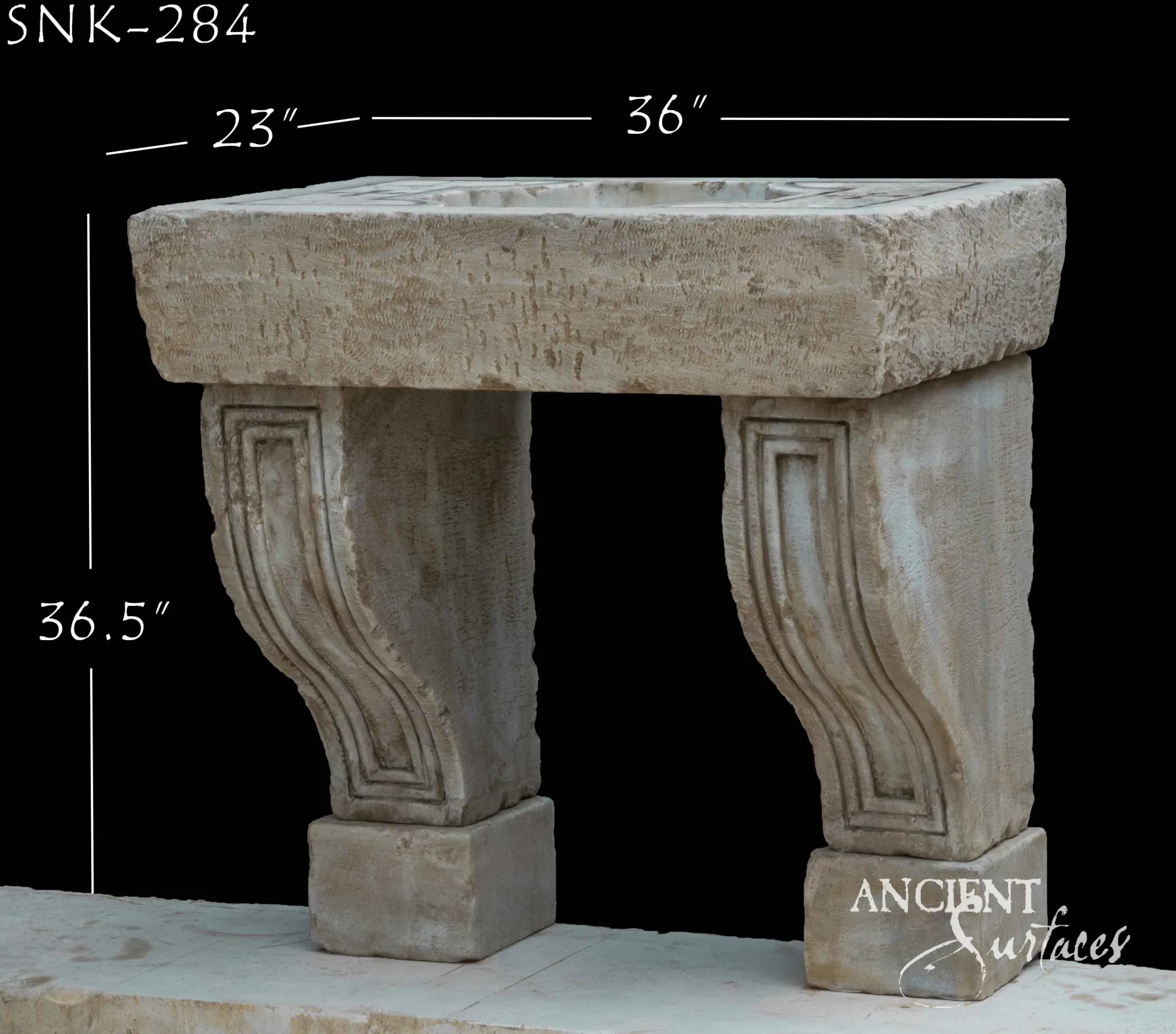 Antique limestone trough sink from Ancient Surfaces on deep moulded corbel legs with square block plinths
