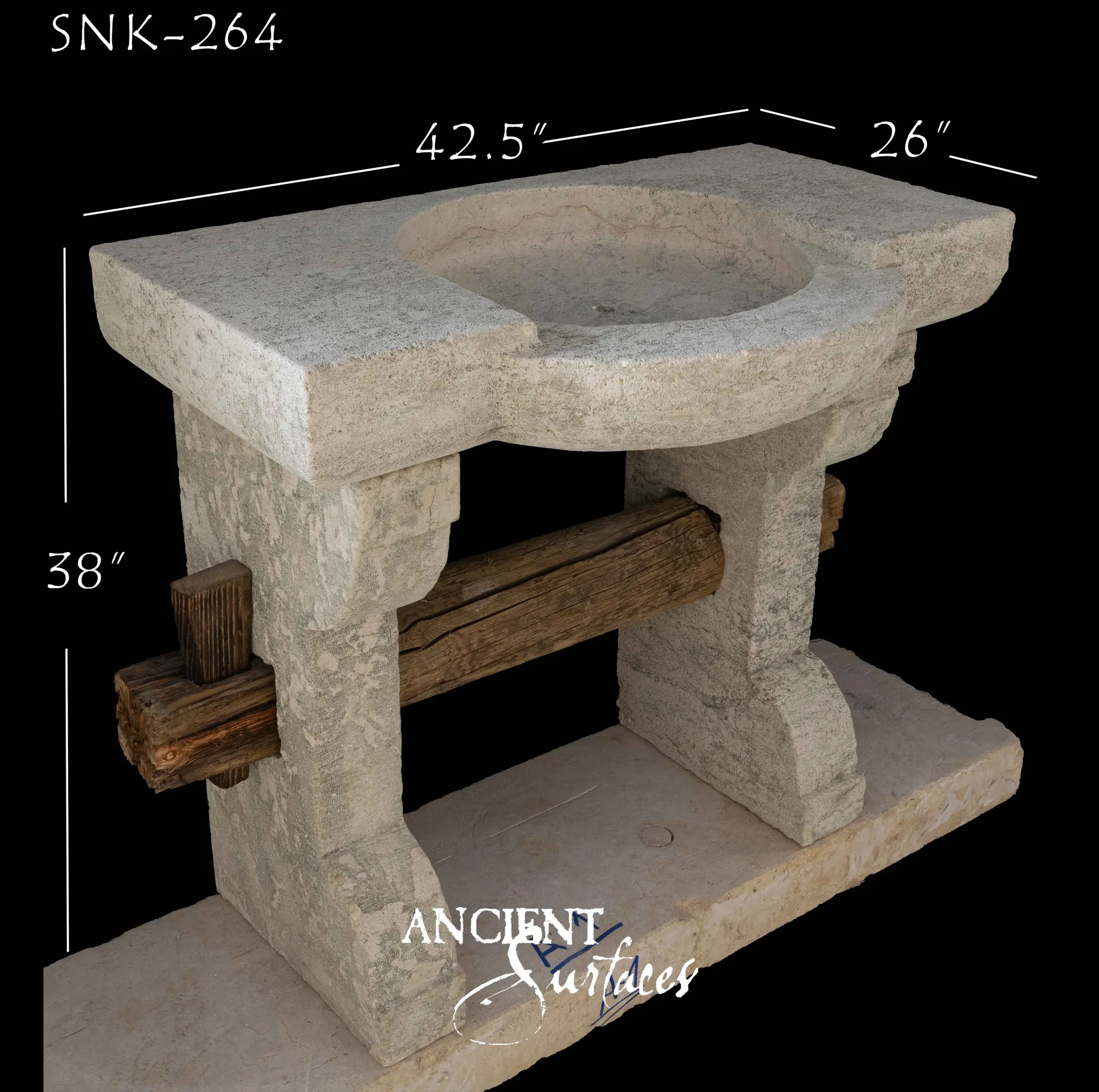 Rustic antique limestone sink from Ancient Surfaces with stone legs pegged through with hand hewn reclaimed timber beams